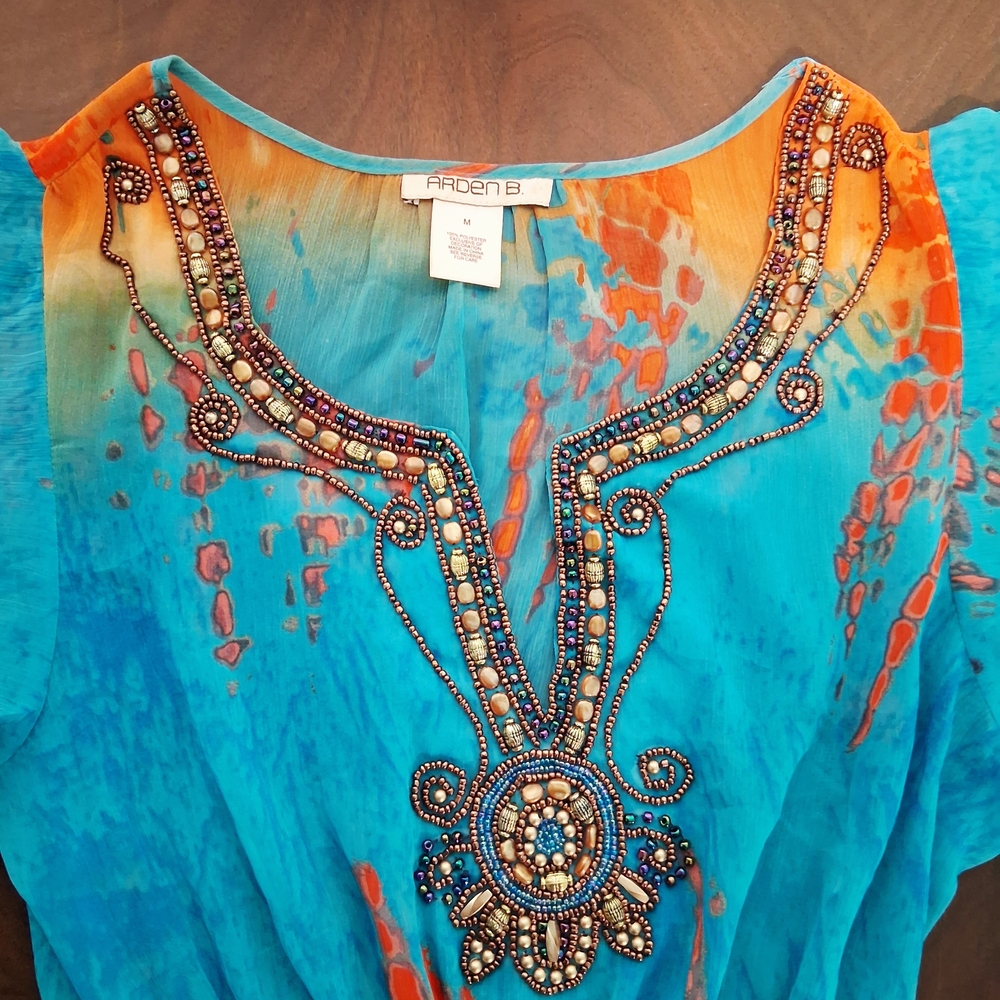 Arden B Beaded Blouse in Blue and Orange 6334e